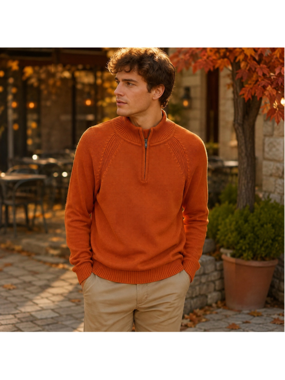Men's Oscar de la Renta Half-Zip Knit Sweater, Size L, Burnt Orange